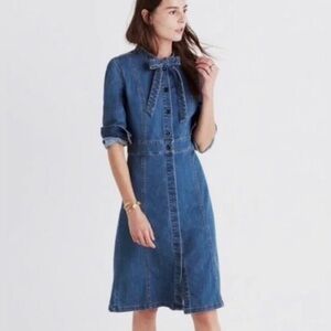 Madewell Tie Neck Denim Button Front Long Sleeve Shirt Dress